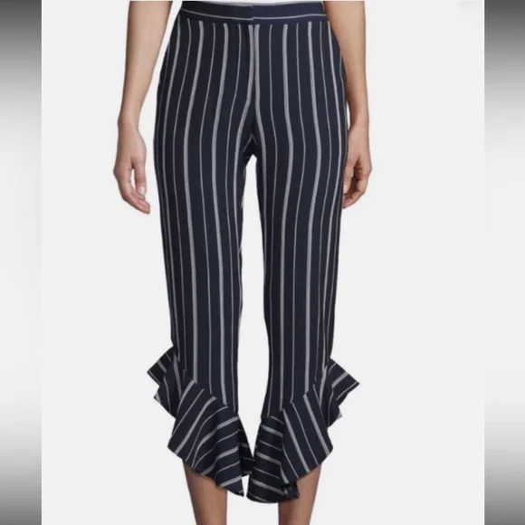 Saks Fifth Ave Women's Striped Ruffle Hem Crop Navy White Size 2 Casual Pants - Picture 1 of 6